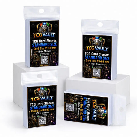 Multiple packages of TCG Vault card sleeves on a white background