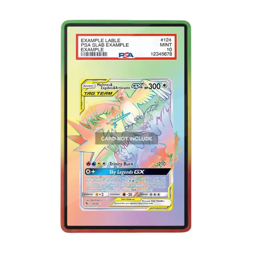 A graded holographic Pokémon trading card in a PSA slab, featuring a Sky Legends GX card with a prominent Trinity Burn attack. The slab has a green, yellow, and red iridescent gradient border with a red PSA label at the top.