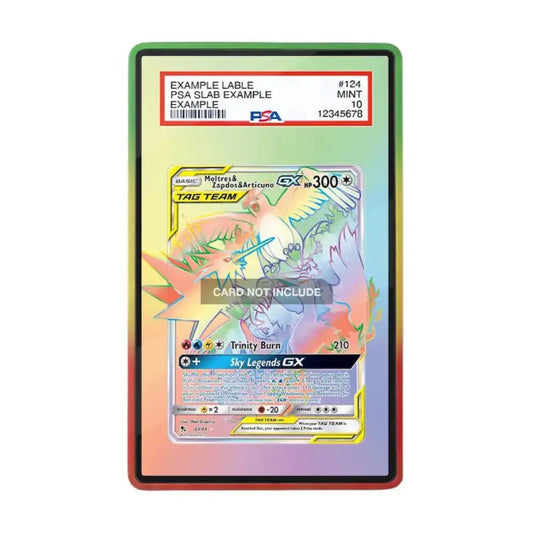 A graded holographic Pokémon trading card in a PSA slab, featuring a Sky Legends GX card with a prominent Trinity Burn attack. The slab has a green, yellow, and red iridescent gradient border with a red PSA label at the top.