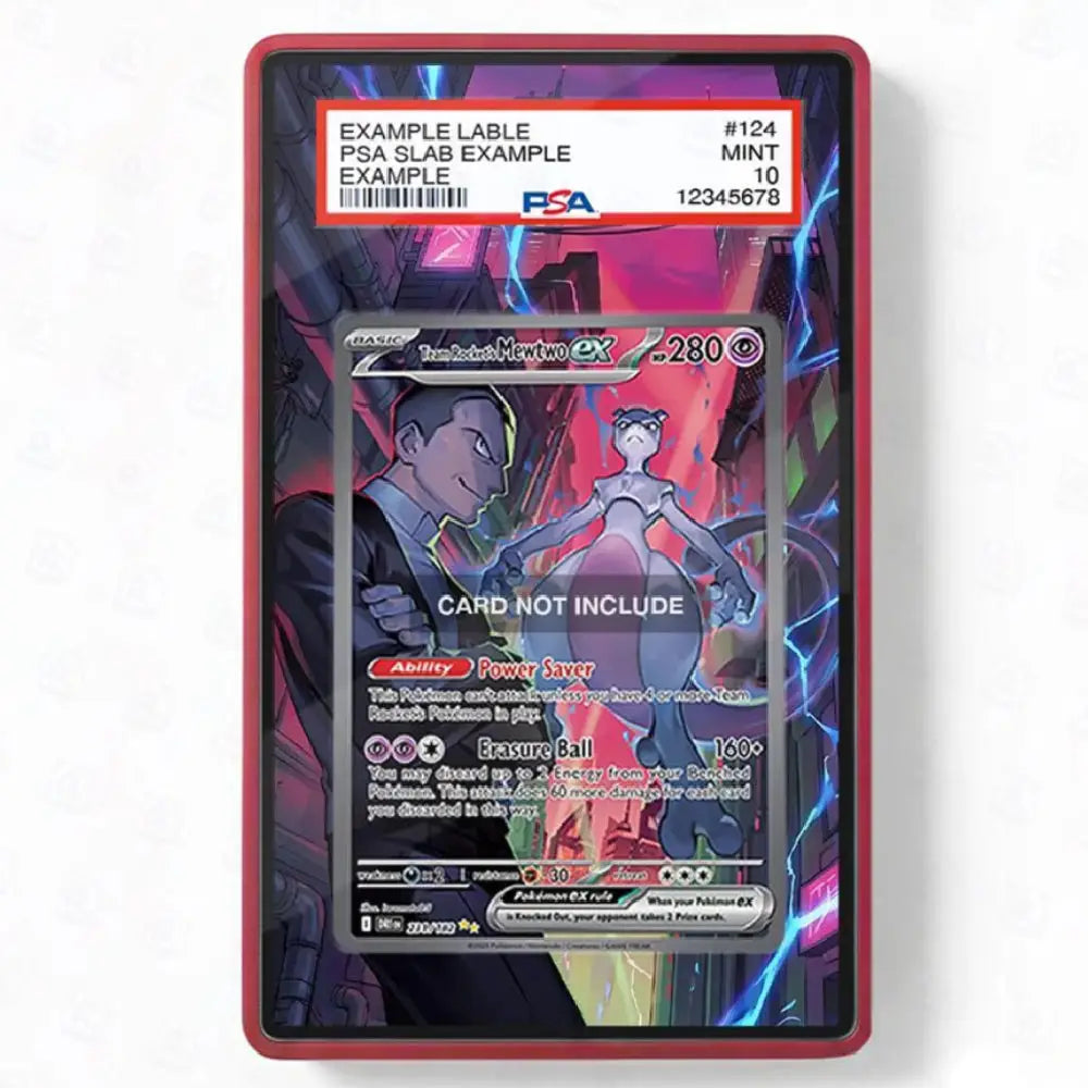 Pokémon trading card in a protective case with label