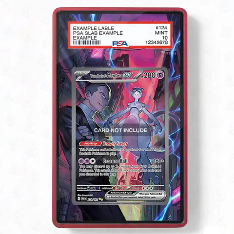 Pokémon trading card in a protective case with label