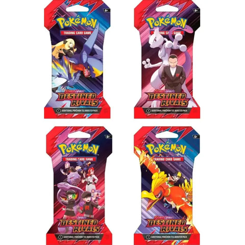 Pokemon TCG Scarlet & Violet Destined Rivals Sleeved Booster Pack assorted artwork including Team Rocket, Mewtwo, Garchomp, and Ho-Oh | TCGVault
