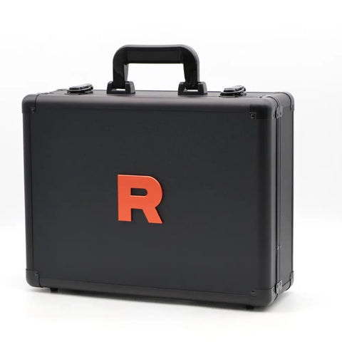 Black suitcase with a red 'R' logo on a white background