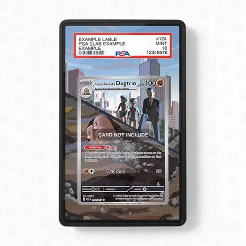 A PSA-certified collectible slab containing a Pokémon TCG card, shown in a black protective case against a white background. The slab has a red and white PSA label at the top with certification details, and the card inside features a dark sci-fi illustration with the text 'EXAMPLE LABLE PSA SLAB EXAMPLE' and 'CARD NOT INCLUDE'.