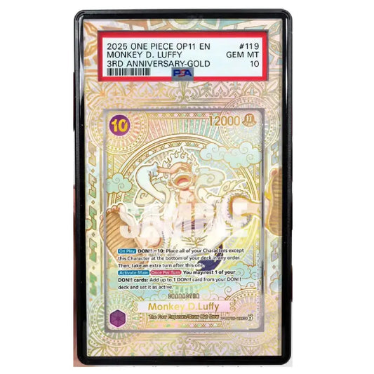 A graded One Piece trading card in a black plastic slab. The card is Monkey D. Luffy