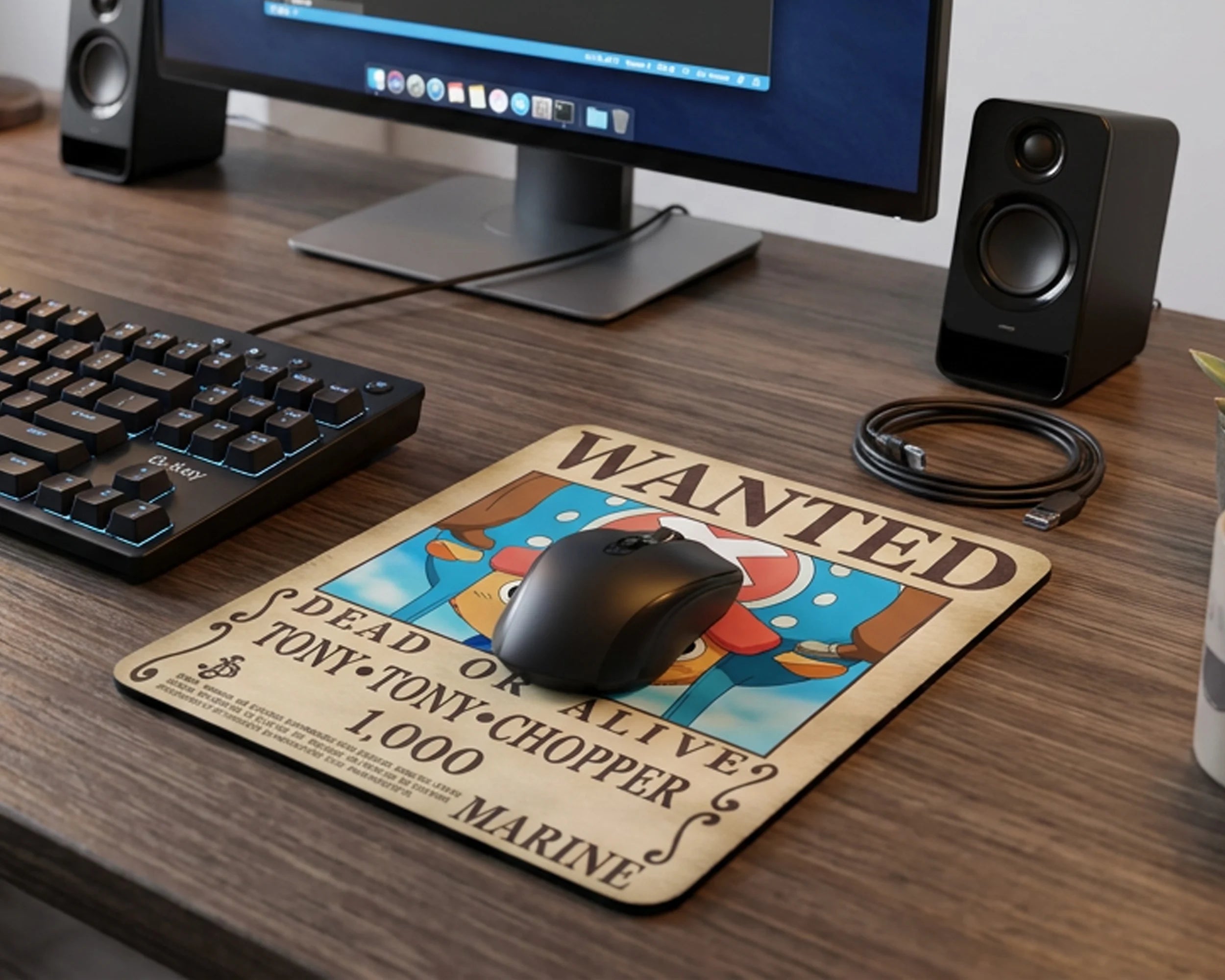 Tony Tony Chopper wanted poster anime mouse pad on wooden gaming desk with mechanical keyboard and monitor