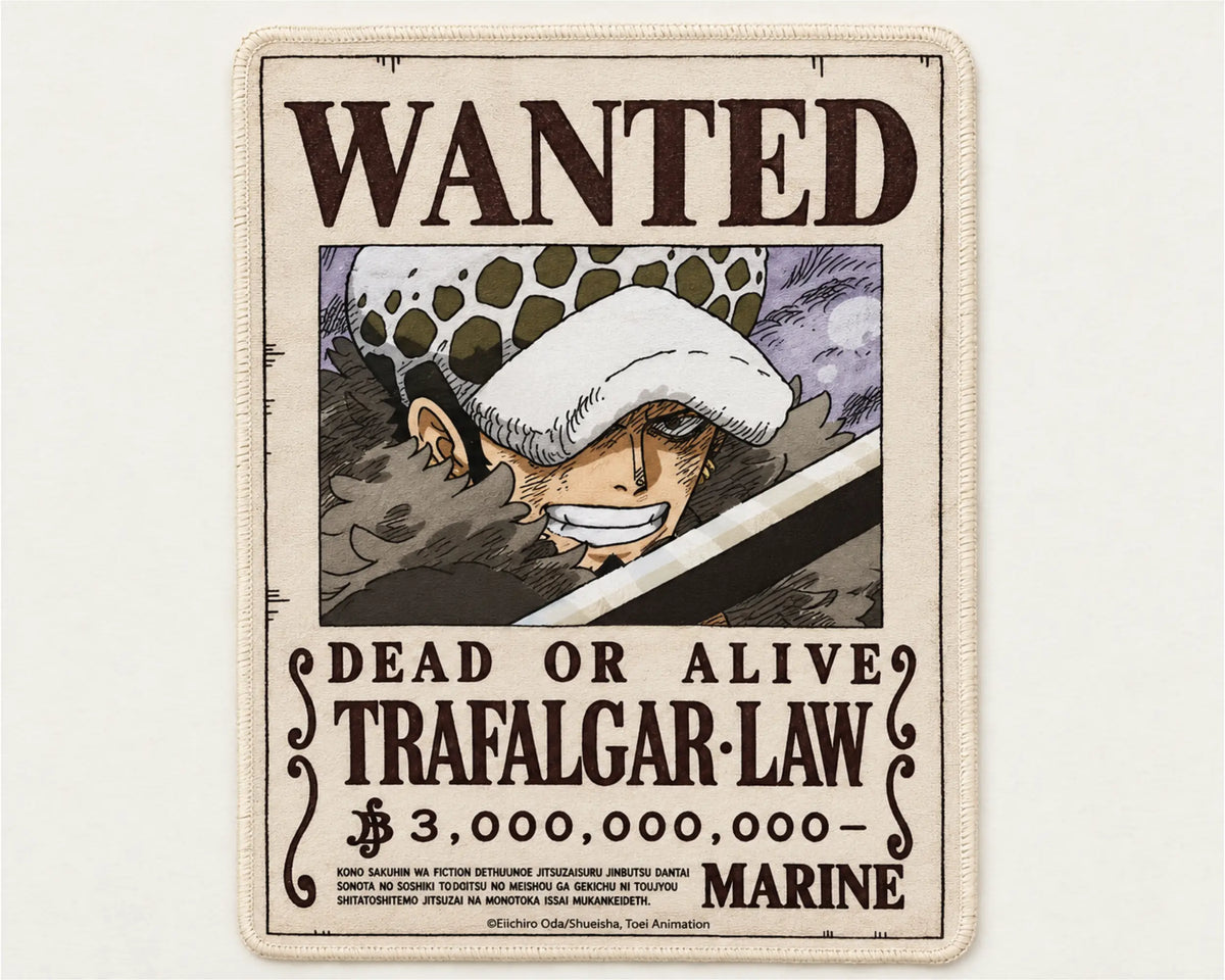 Trafalgar Law One Piece gaming mouse pad featuring a vintage Wanted Dead or Alive bounty poster, Law wearing his spotted white hat, dark-brown lettering, and a beige background.
