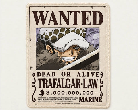 Trafalgar Law One Piece gaming mouse pad featuring a vintage Wanted Dead or Alive bounty poster, Law wearing his spotted white hat, dark-brown lettering, and a beige background.