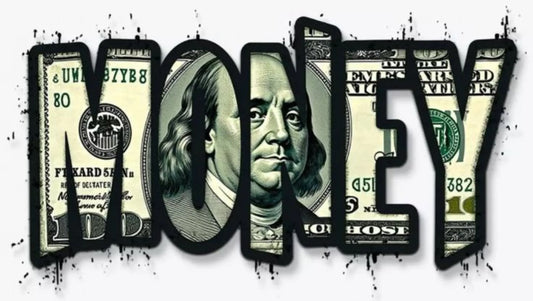 Close-up of MONEY typography filled with US dollar bill design, bold financial motivation desk mat graphic.