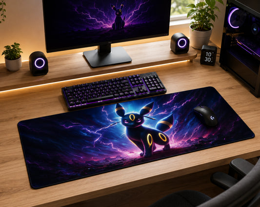 A large desk mat featuring a glowing black cat character surrounded by purple and blue lightning, styled on a wooden desk with a keyboard, mouse, monitor, and small plants.