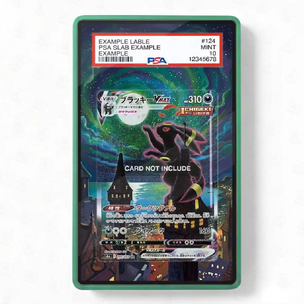 A PSA graded collectible card slab containing a Pokémon TCG card featuring a dark, fantasy city scene with a large shadow-like creature. The slab has a green border and a PSA label at the top showing grading details.