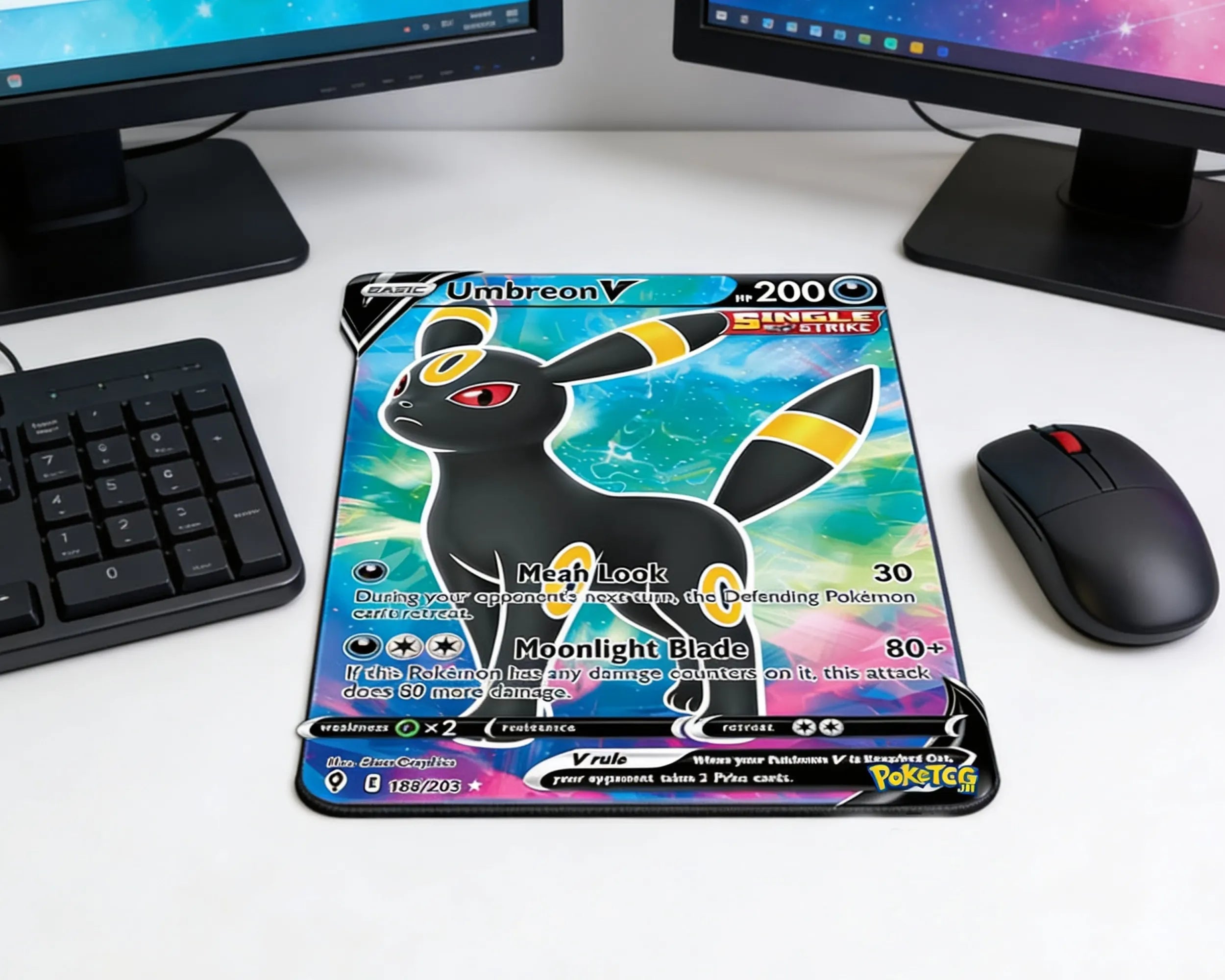 Anime style Umbreon V gaming mouse pad with vibrant blue and pink background on modern white desktop setup