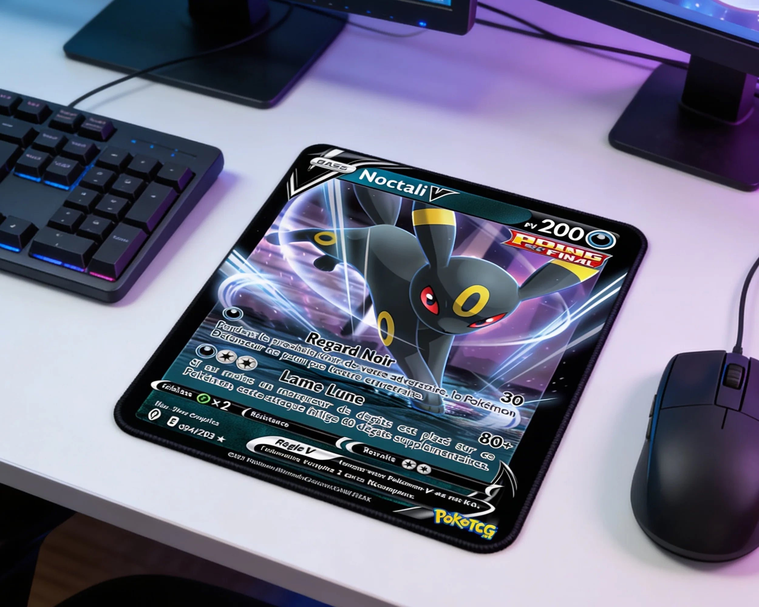 Umbreon inspired Pokémon card style mouse pad with dark neon cosmic artwork placed on modern white gaming desk