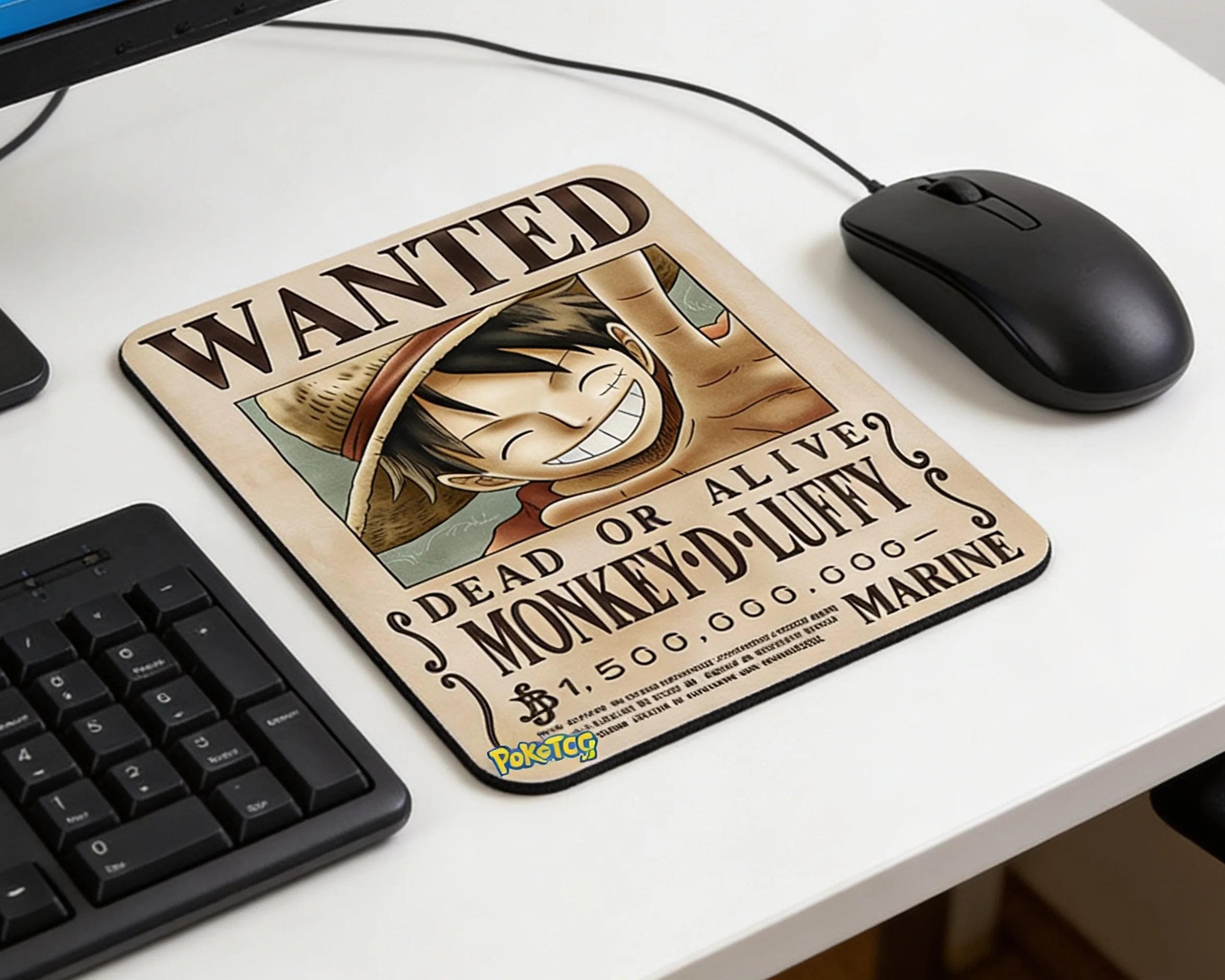 Monkey D. Luffy wanted poster style anime mouse pad beside black wired mouse on modern white workspace