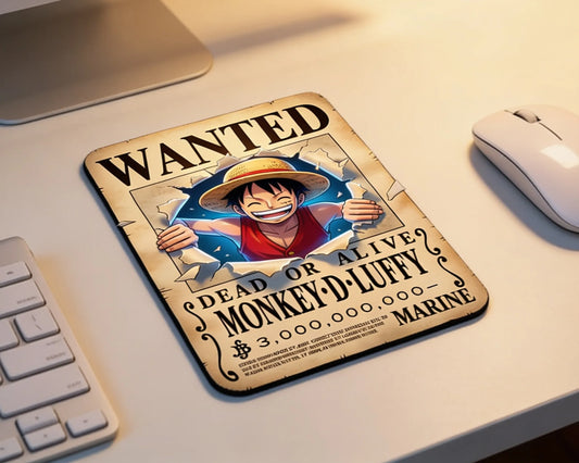 One Piece Monkey D. Luffy wanted poster style mouse pad on clean white desk beside wireless mouse and keyboard