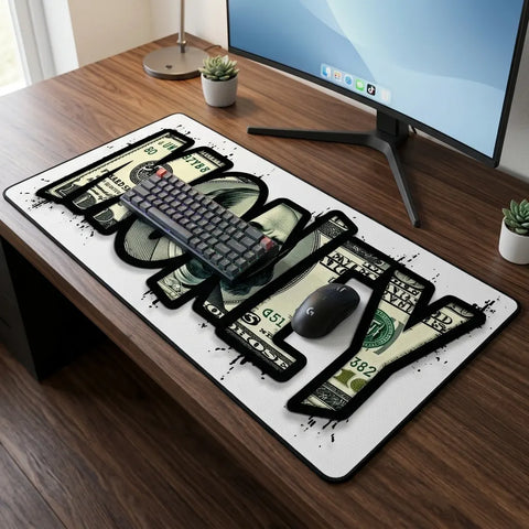White aesthetic extended mouse pad with money graphic typography, modern desk setup for trading, investing, and work.