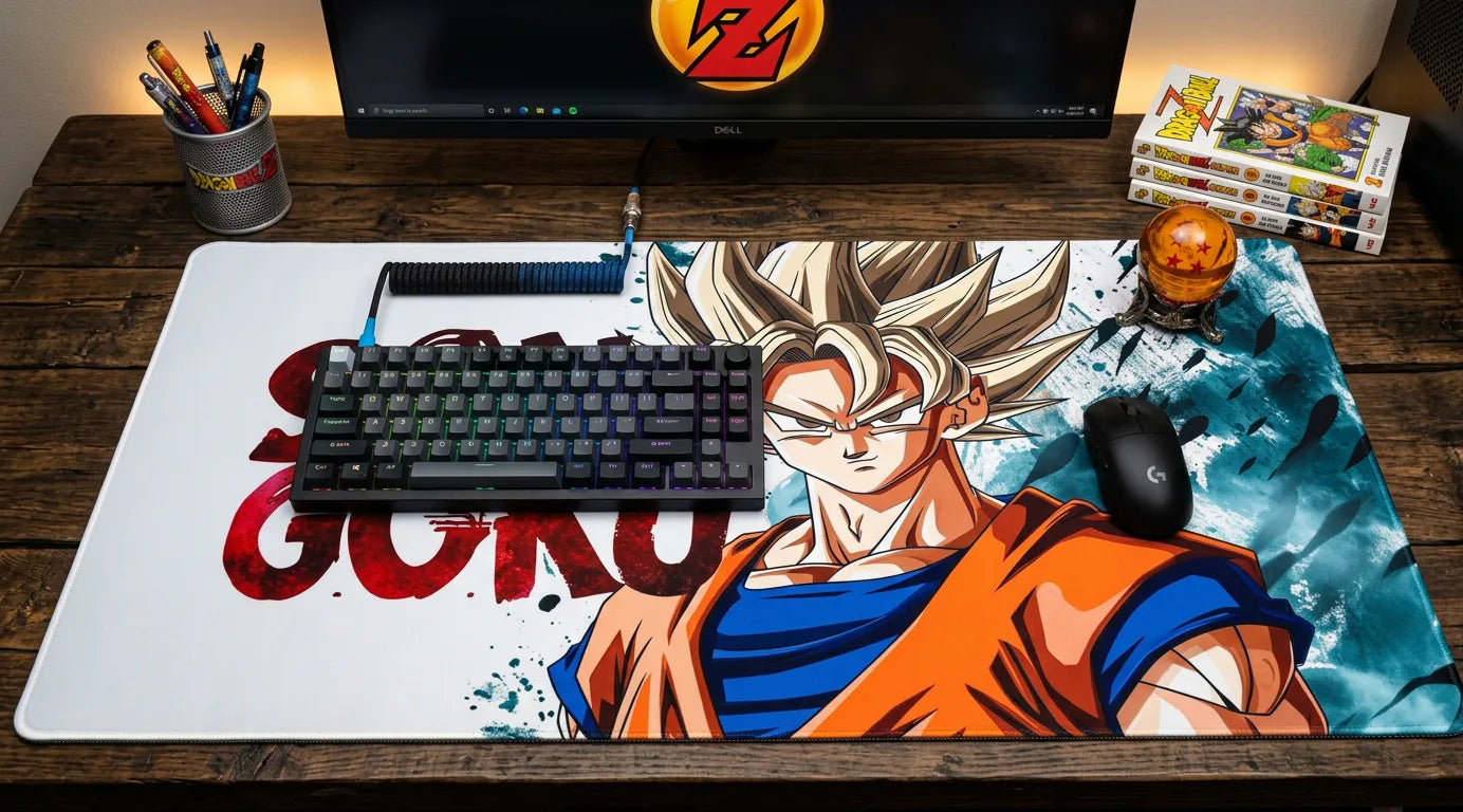 Wooden desk setup with a large Son Goku anime desk mat, mechanical keyboard, and mouse. Includes monitor, pen holder, and small decor items.