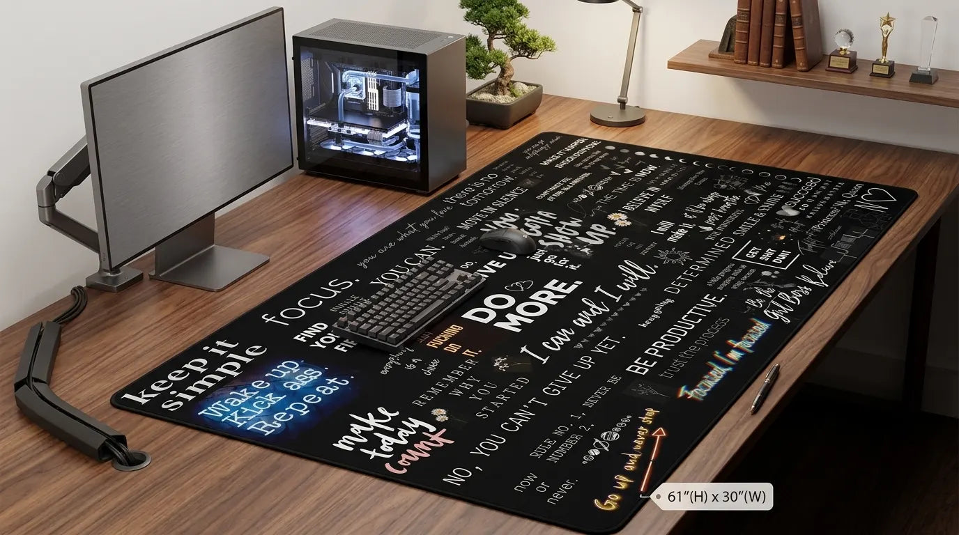 XL 61x30 extended gaming mouse pad with motivational typography collage, black aesthetic desk setup accessory.