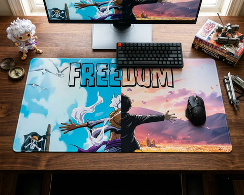 XL anime mouse pad Freedom design with split sky and sunset theme, large desk mat with keyboard and mouse setup