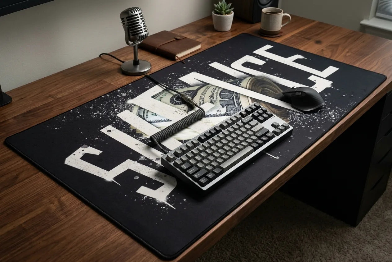 XL extended mouse pad with silence success theme, aesthetic desk setup for entrepreneurs, gamers, and focused work environment.