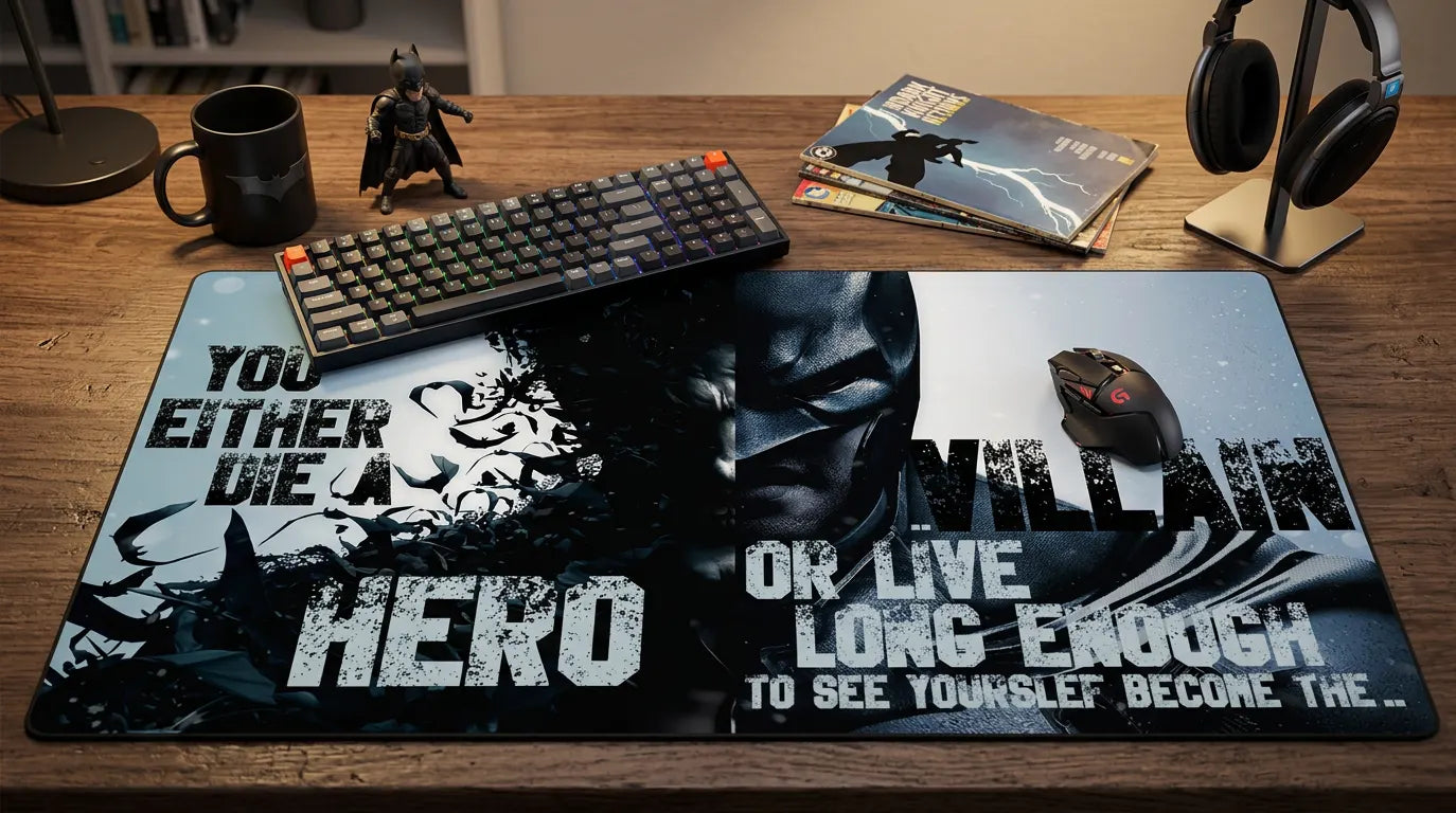Batman themed XL mouse pad with ‘You either die a hero or live long enough to become the villain’ quote, black and white split design desk mat.