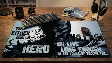 Batman themed XL mouse pad with ‘You either die a hero or live long enough to become the villain’ quote, black and white split design desk mat.
