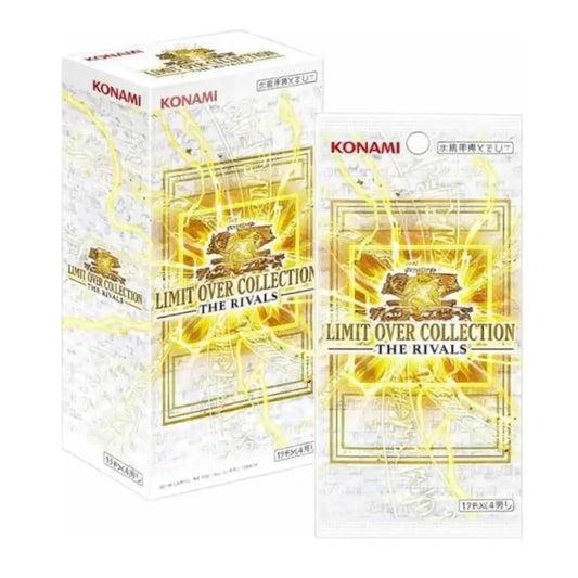 Konami Limit Over Collection: The Rivals trading card pack packaging, featuring a white box with gold and yellow lightning graphics and a clear front sleeve, on a white background.