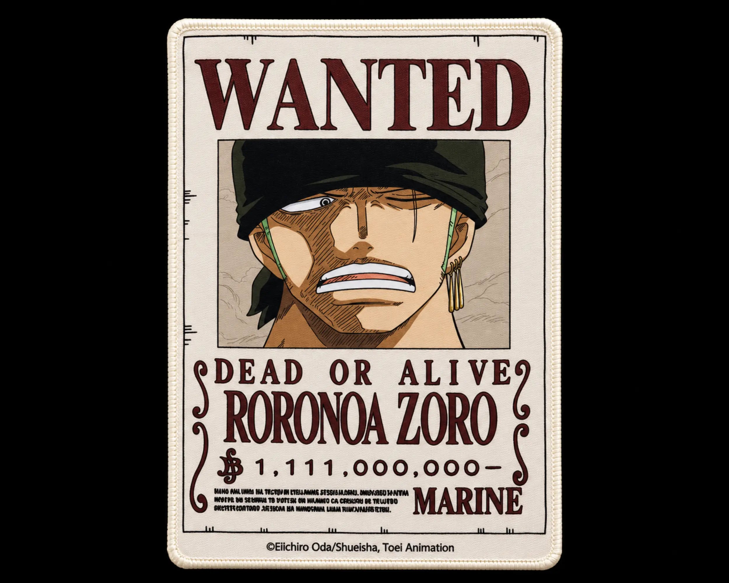 Roronoa Zoro One Piece gaming mouse pad featuring a vintage Wanted Dead or Alive bounty poster, Zoro wearing a black bandana with gold earrings, dark-red lettering, and a beige background.