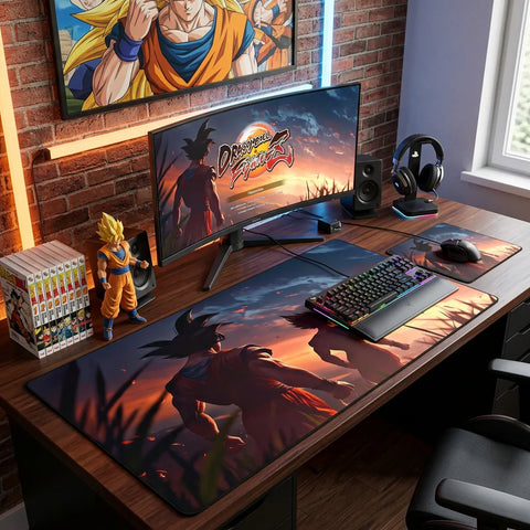 anime desk mat Dragon Ball style gaming setup RGB keyboard ultrawide monitor brick wall gamer desk aesthetic