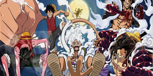 anime desk mat Luffy multiple forms design with mechanical keyboard gaming setup