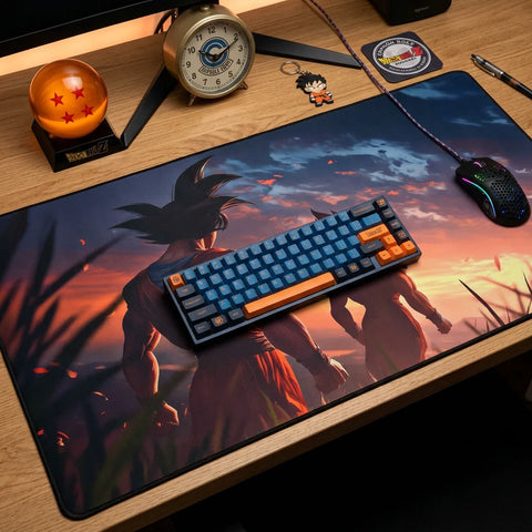 anime desk mat close up keyboard mouse Dragon Ball inspired sunset artwork desk accessories gaming setup detail