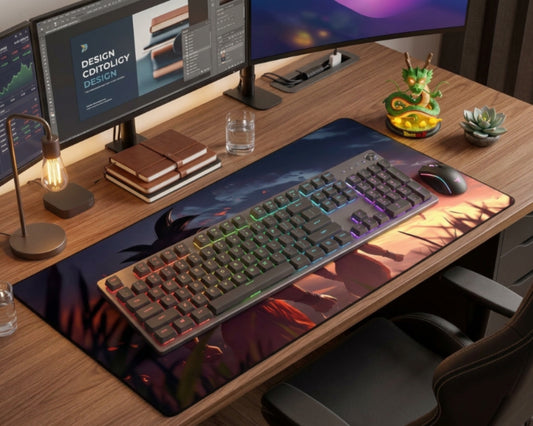 anime desk mat extended mouse pad Dragon Ball inspired sunset scene keyboard setup modern wooden desk dual monitor