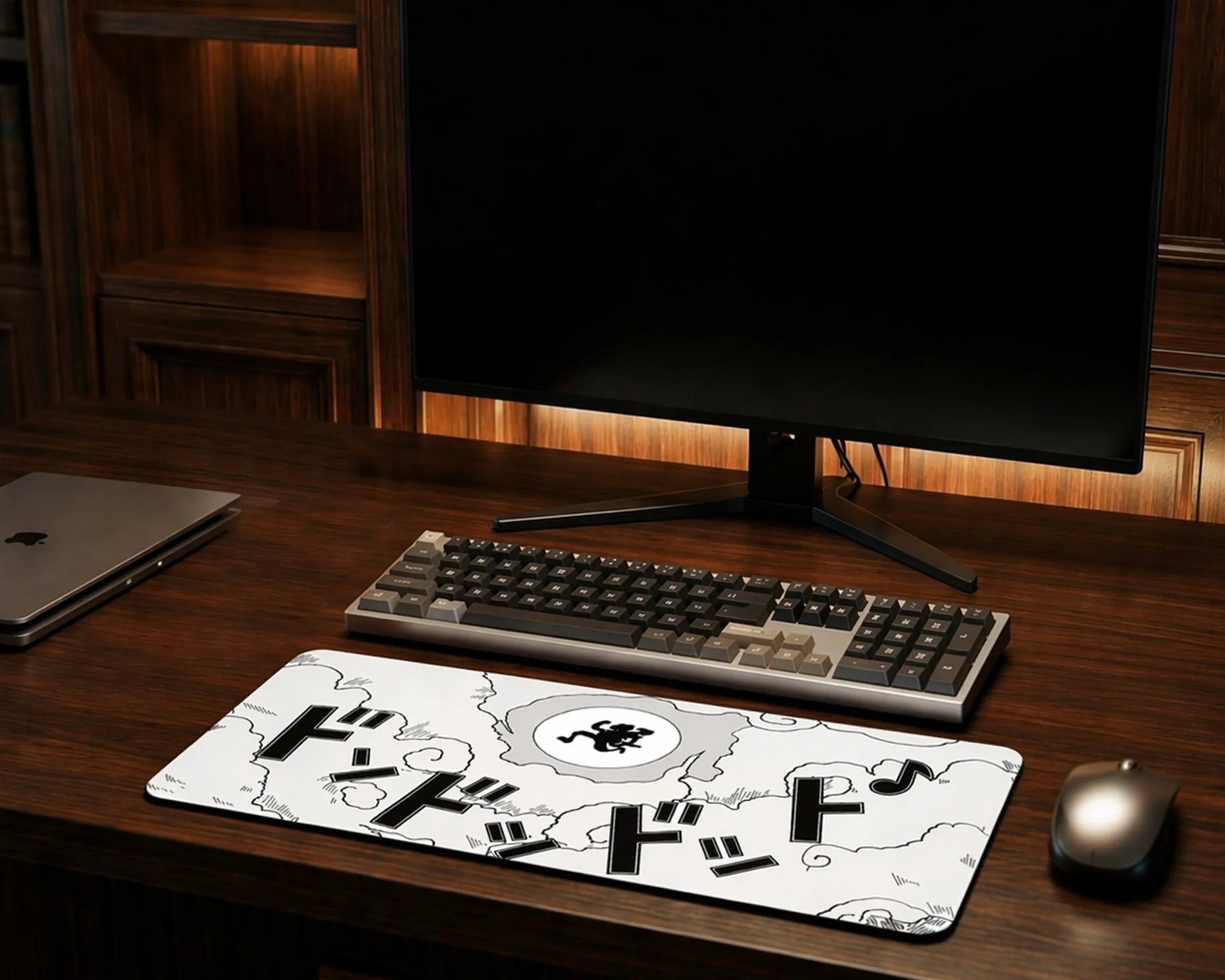 White and black anime desk mat featuring Gear 5 Luffy silhouette with cloud design and Japanese sound effects