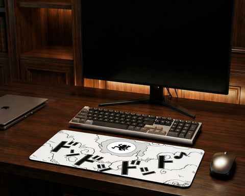 White and black anime desk mat featuring Gear 5 Luffy silhouette with cloud design and Japanese sound effects
