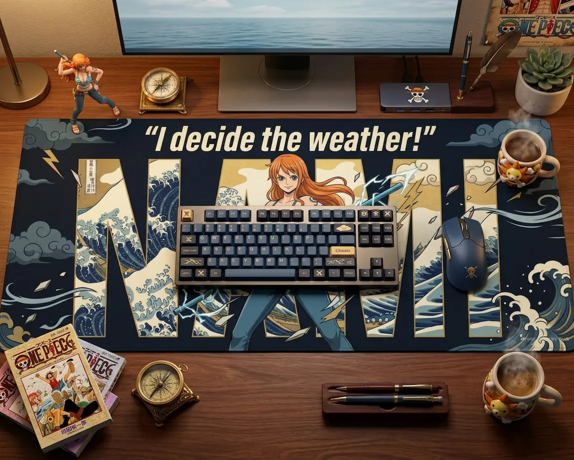 Large anime desk mat featuring Nami with weather powers, mechanical keyboard and mouse on wooden desk with One Piece themed accessories.