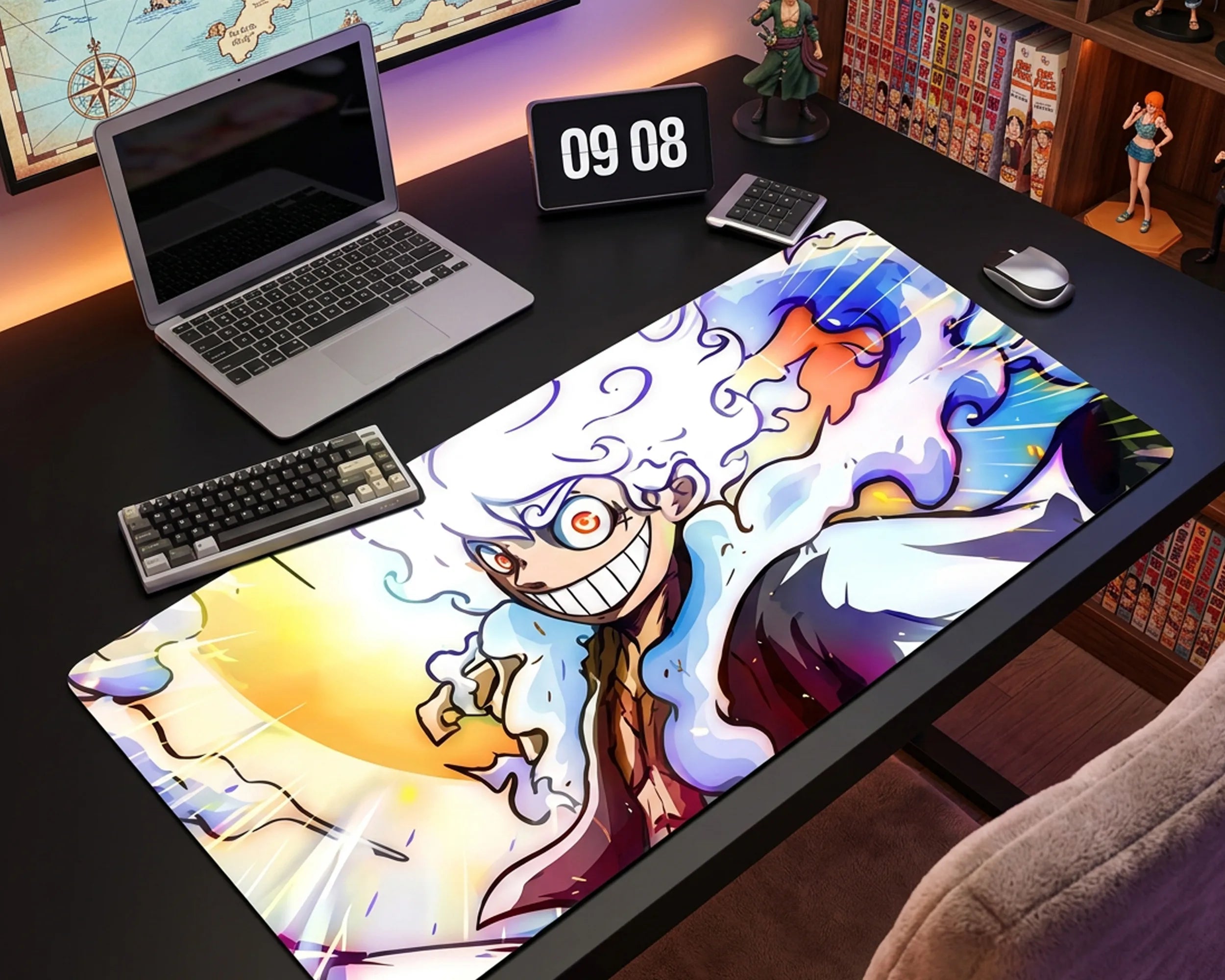Large anime desk mat with Gear 5 Luffy design on minimalist workspace with laptop, keyboard, and collector figures
