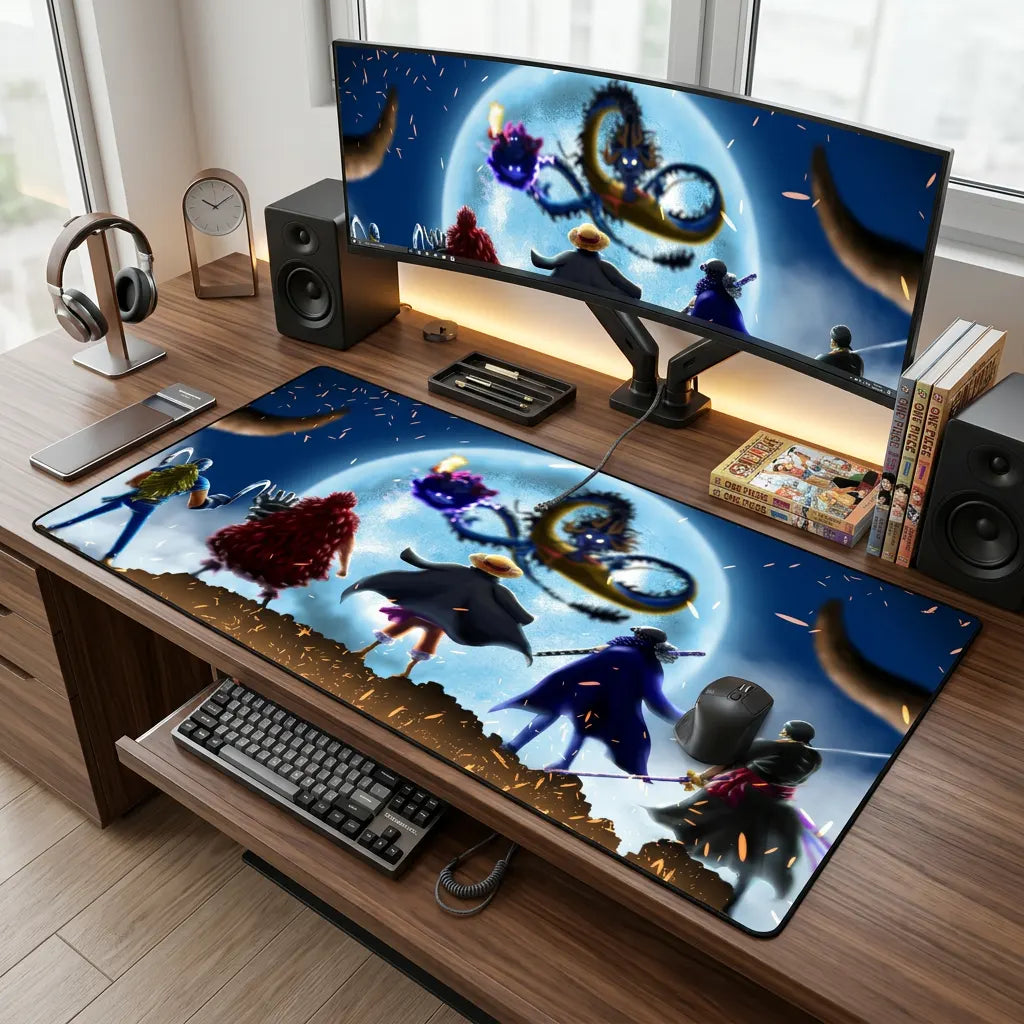 XL anime desk mat with moonlit crew design displayed on a clean modern desk setup with ultrawide monitor, speakers, keyboard, and mouse.