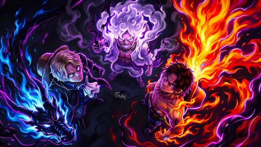 anime gaming desk setup with large mousepad featuring three elemental characters with blue flames, purple aura, and fiery orange flames, mechanical keyboard and gaming mouse on dark desk