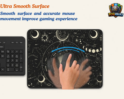 Black celestial astrology gaming mouse pad with smooth surface shown in use beside keyboard and wireless mouse