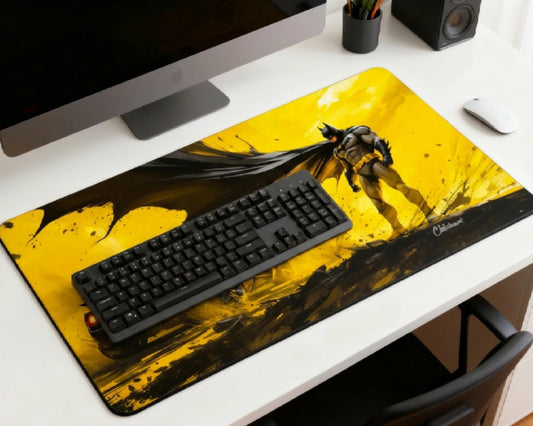 Batman yellow and black desk mat setup with black keyboard, white mouse, iMac, speaker, pencil holder, and bold superhero artwork on a white desk.