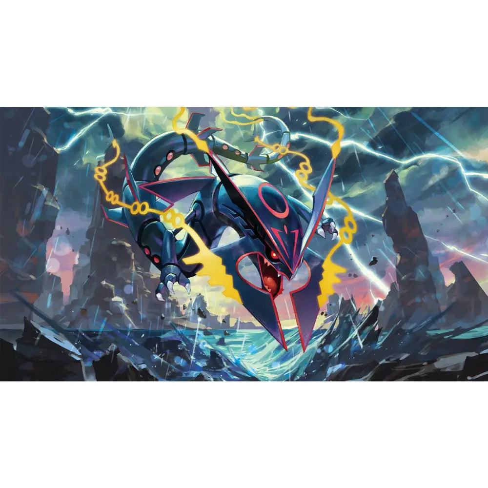 black rayquaza pokemon flying with lightning storm powerful legendary dragon battle scene