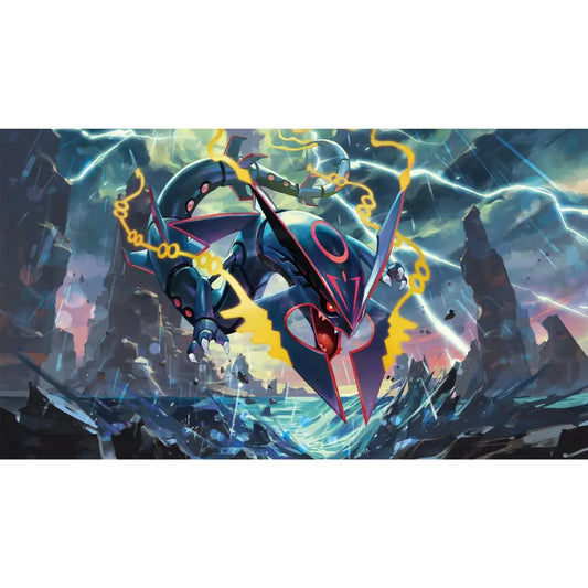 black rayquaza pokemon flying with lightning storm powerful legendary dragon battle scene