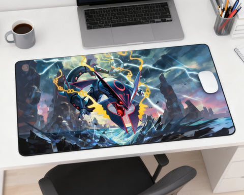 wide gaming mouse pad featuring black rayquaza pokemon storm artwork with laptop and workspace