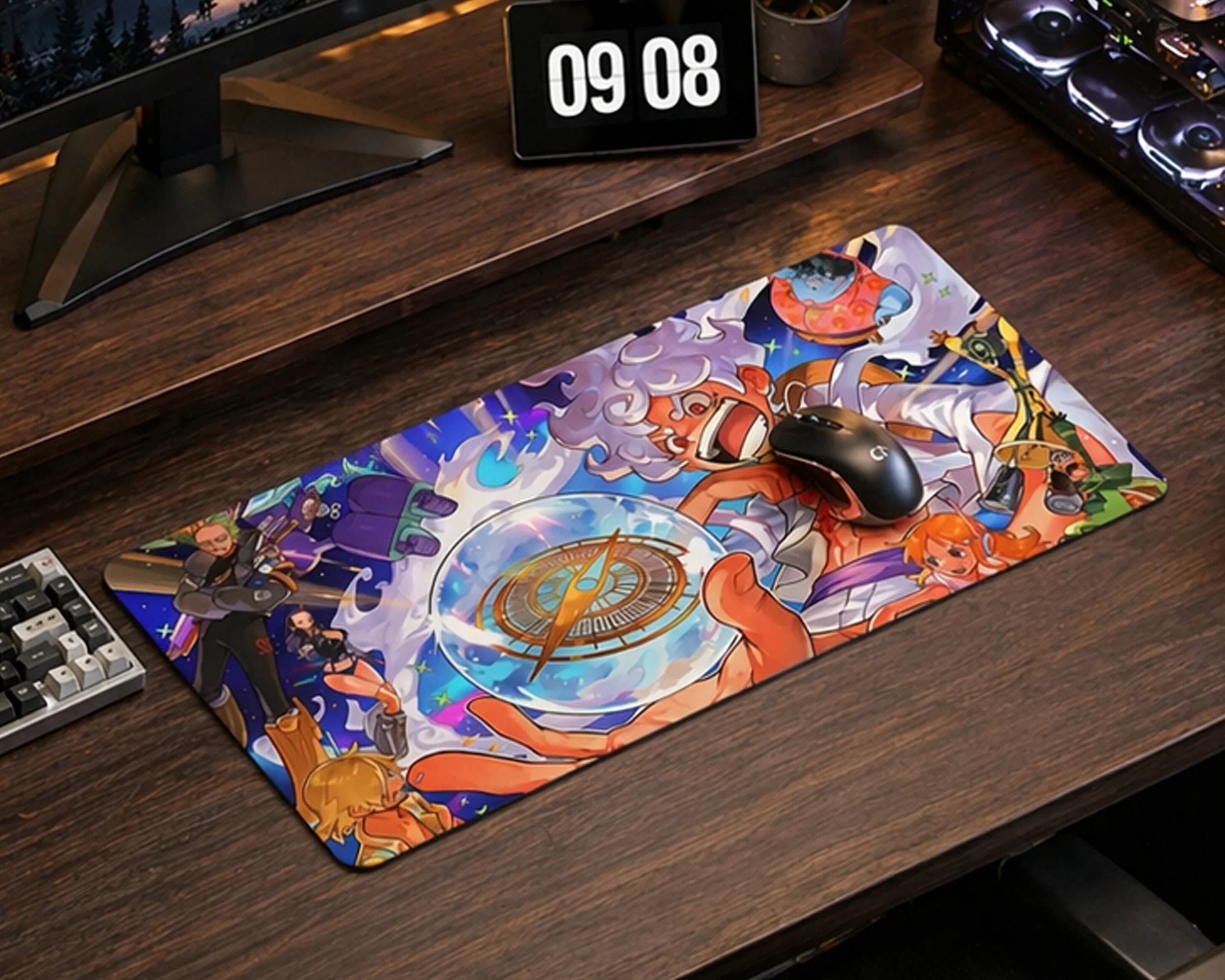 Dual monitor desk setup with colorful anime mouse pad featuring multiple characters, mechanical keyboard, and modern gaming workspace.