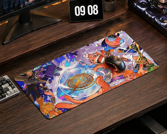 Dual monitor desk setup with colorful anime mouse pad featuring multiple characters, mechanical keyboard, and modern gaming workspace.