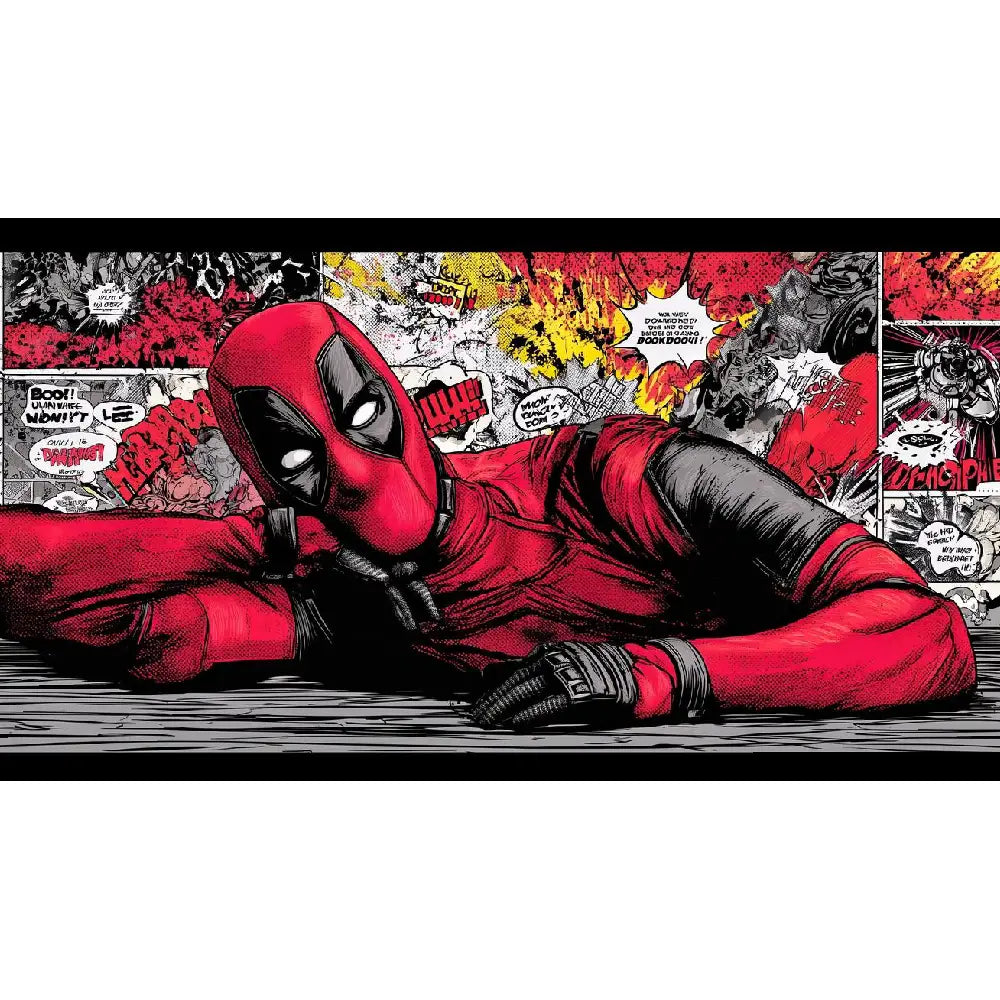 deadpool comic art lounging pose red black graphic background bold superhero illustration detailed comic panel style