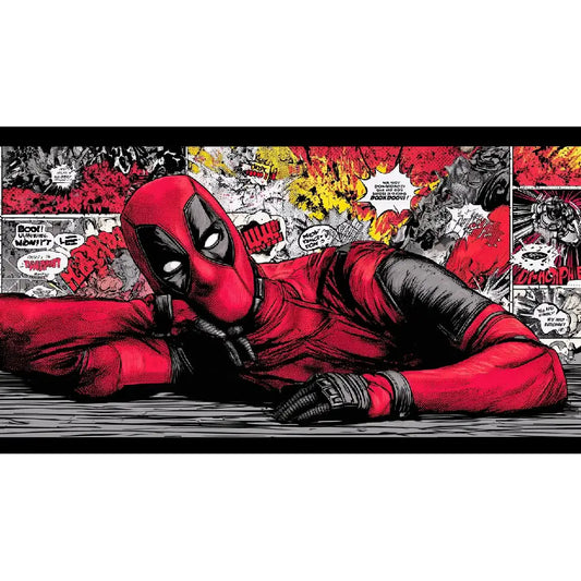 deadpool comic art lounging pose red black graphic background bold superhero illustration detailed comic panel style