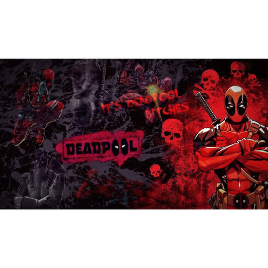 deadpool comic style artwork with red and black background skull graphics and action poses bold superhero design