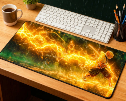 Demon Slayer Zenitsu lightning desk mat on wooden desk with white keyboard, coffee mug, plant, pencils, and bright yellow electric anime artwork.