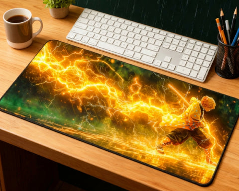 Demon Slayer Zenitsu lightning desk mat on wooden desk with white keyboard, coffee mug, plant, pencils, and bright yellow electric anime artwork.